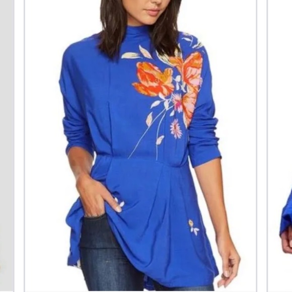 FREE PEOPLE GEMMA  OPEN BACK LONG SLEEVE TROPICAL FLORAL MINI DRESS BLUE MEDIUM - Picture 2 of 8